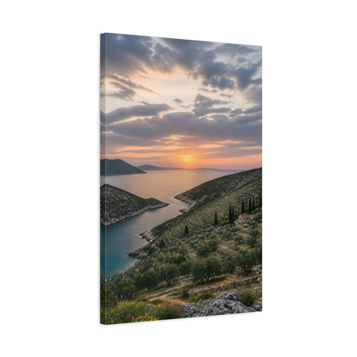 Side Mockup 2. Nature Coastal Landscape Mediterranean Coastal shown as stretched canvas wall art