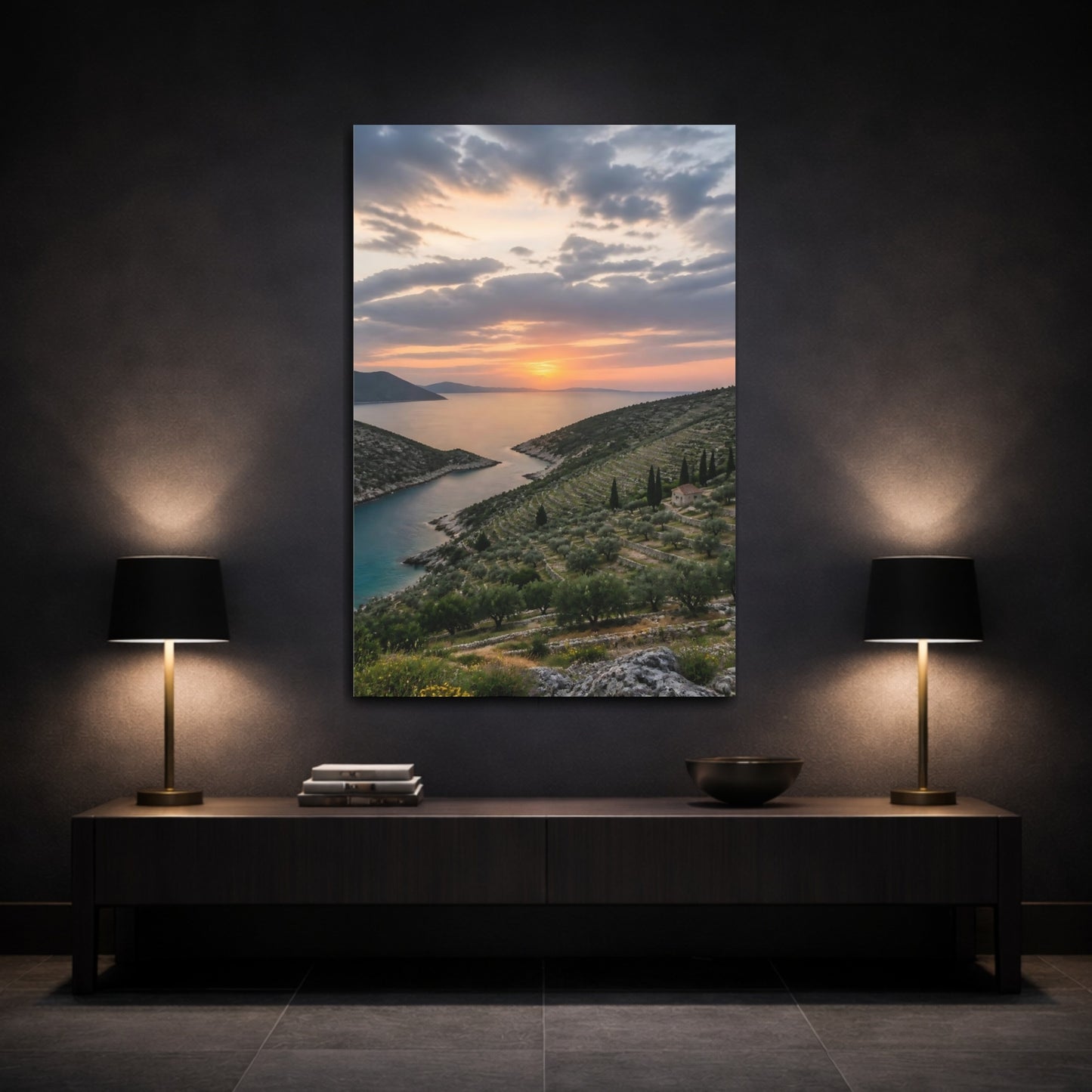 Mockup 3. Nature Coastal Landscape Mediterranean Coastal shown as stretched canvas wall art