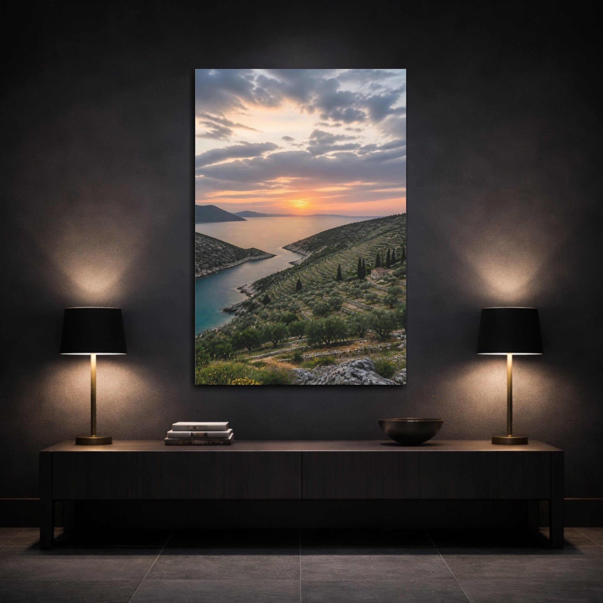 Mockup 3. Nature Coastal Landscape Mediterranean Coastal shown as stretched canvas wall art