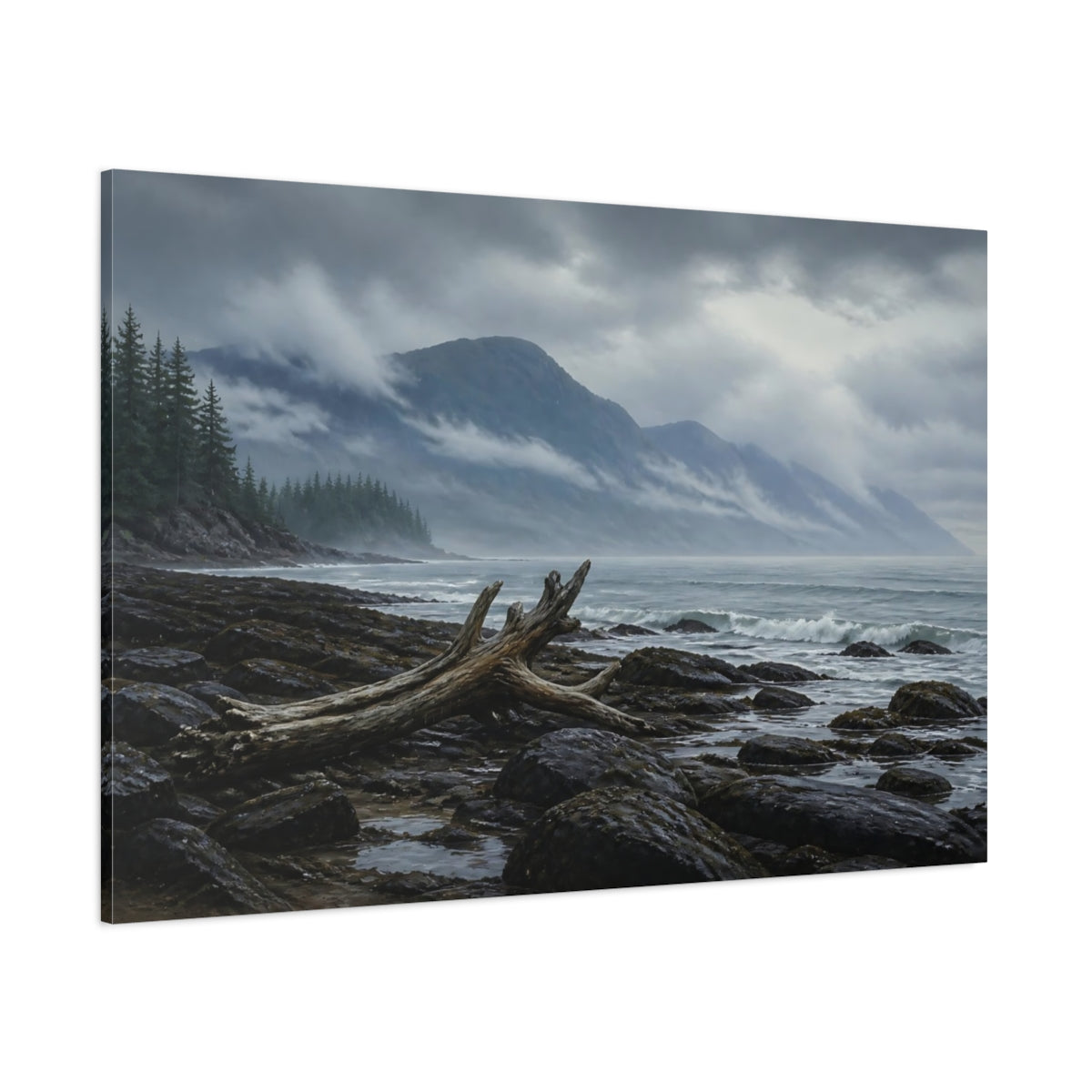 Side Mockup 1. Nature Coastal Landscape Misty Coastal shown as stretched canvas wall art