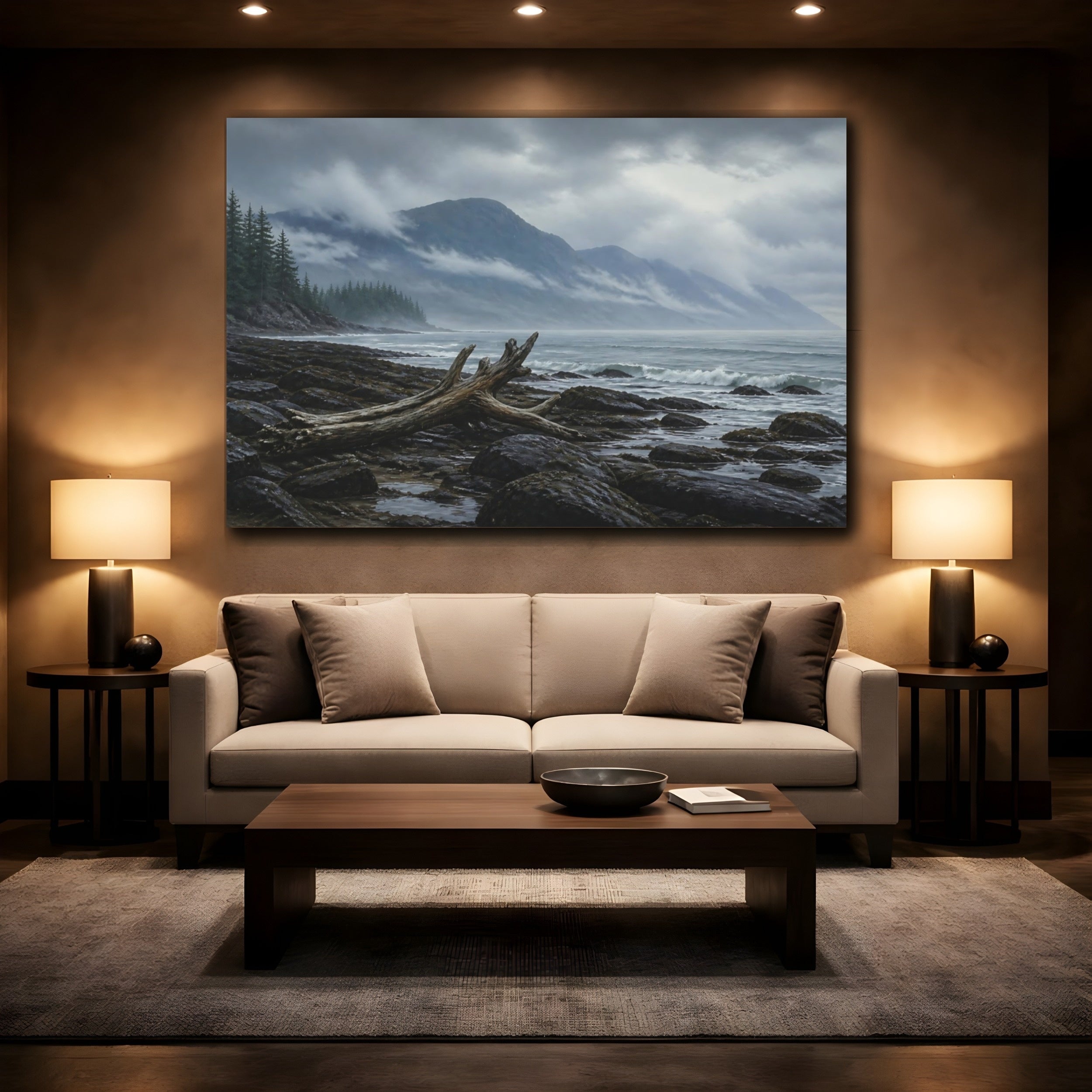 Mockup 2. Nature Coastal Landscape Misty Coastal shown as stretched canvas wall art