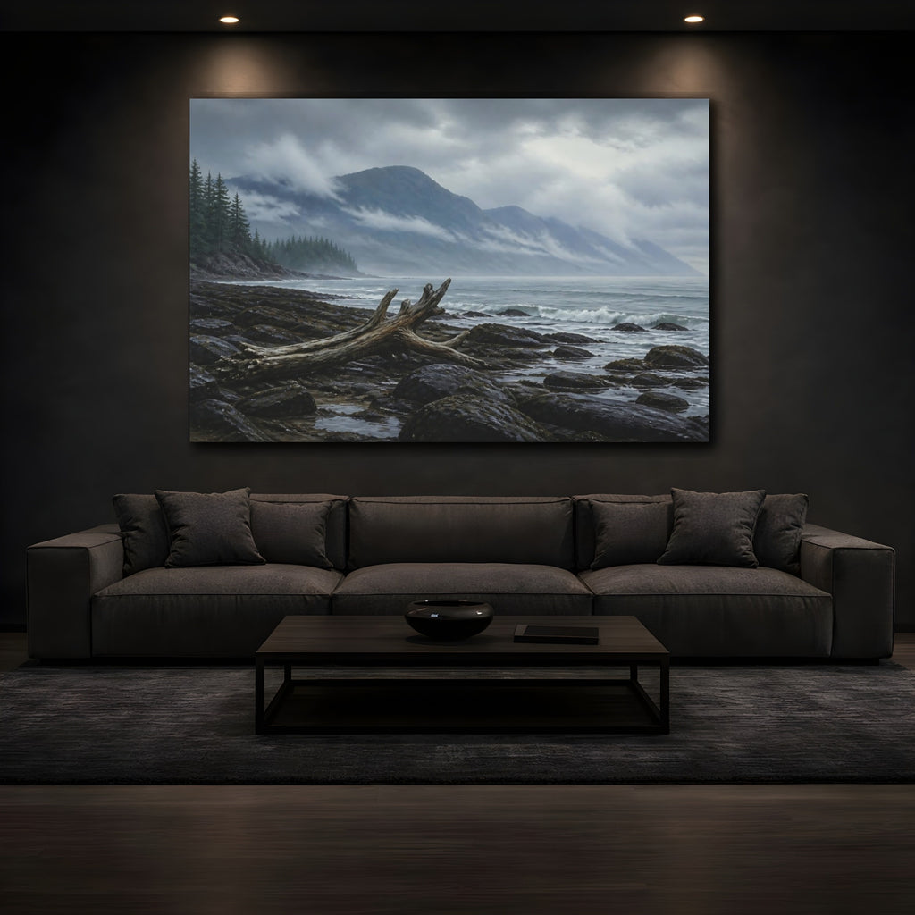 Mockup 3. Nature Coastal Landscape Misty Coastal shown as stretched canvas wall art