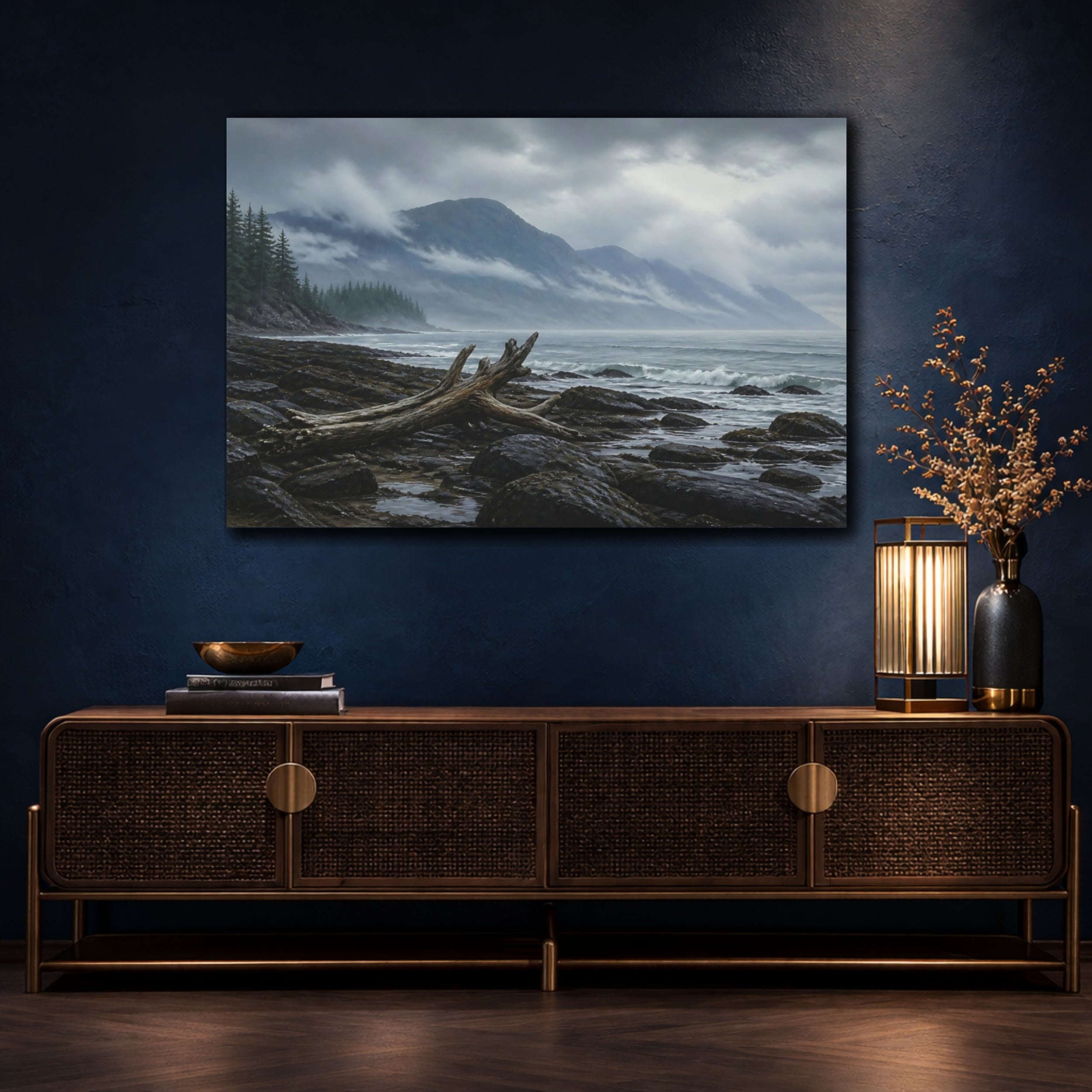 Mockup 4. Nature Coastal Landscape Misty Coastal shown as stretched canvas wall art
