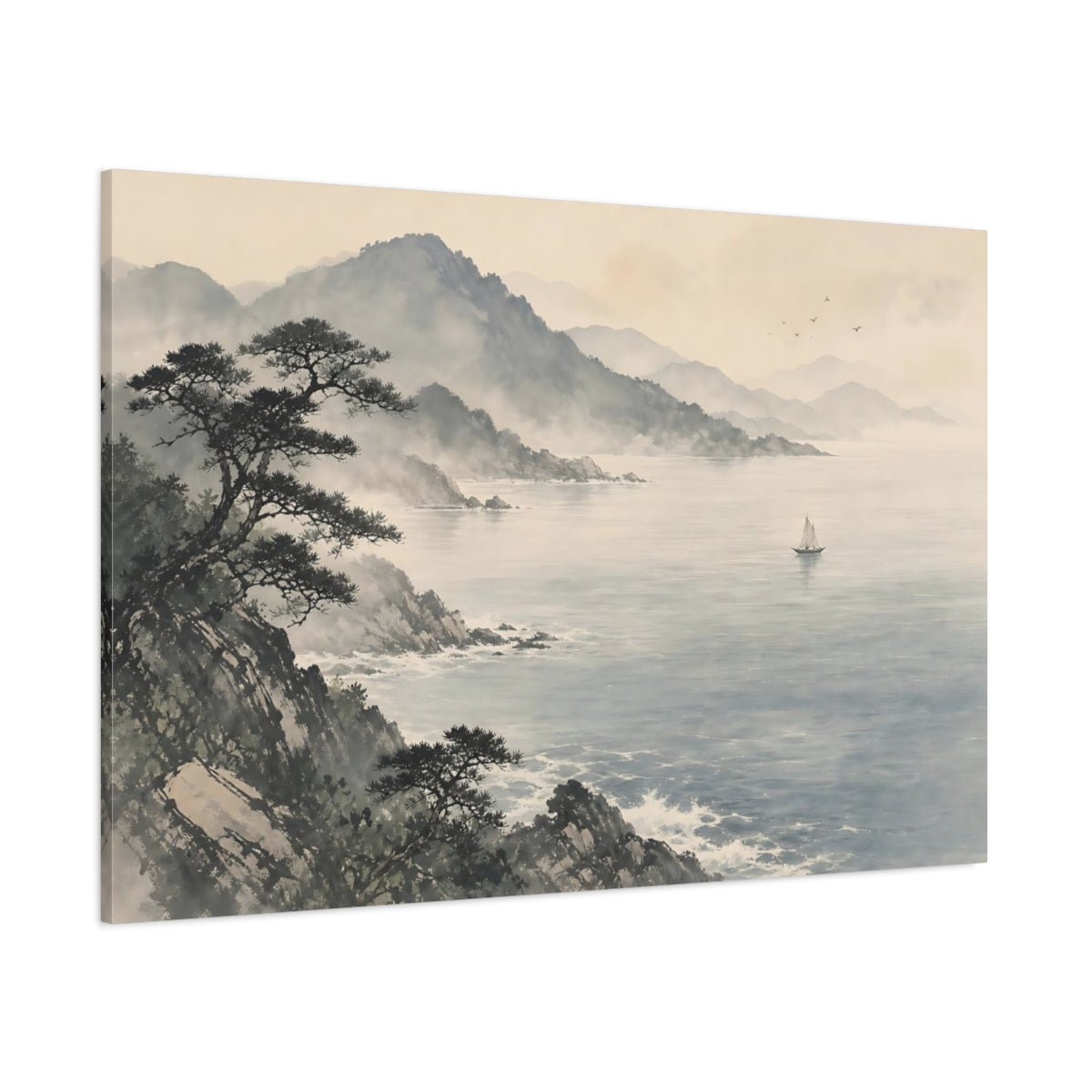 Side Mockup 1. Nature Coastal Landscape Misty Ocean Landscape shown as stretched canvas wall art