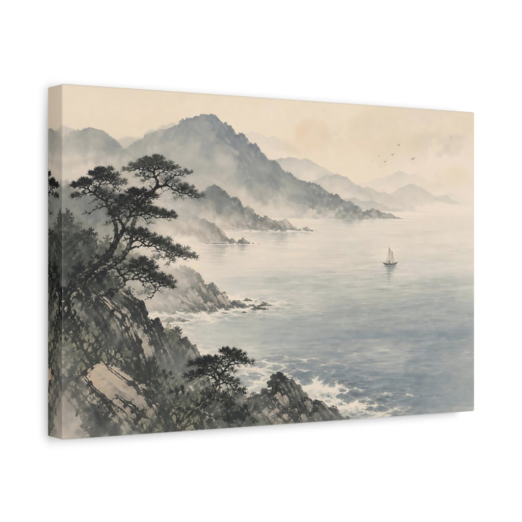 Side Mockup 4. Nature Coastal Landscape Misty Ocean Landscape shown as stretched canvas wall art