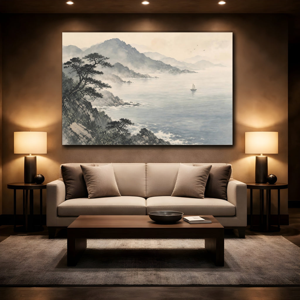 Mockup 2. Nature Coastal Landscape Misty Ocean Landscape shown as stretched canvas wall art