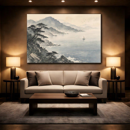 Mockup 2. Nature Coastal Landscape Misty Ocean Landscape shown as stretched canvas wall art