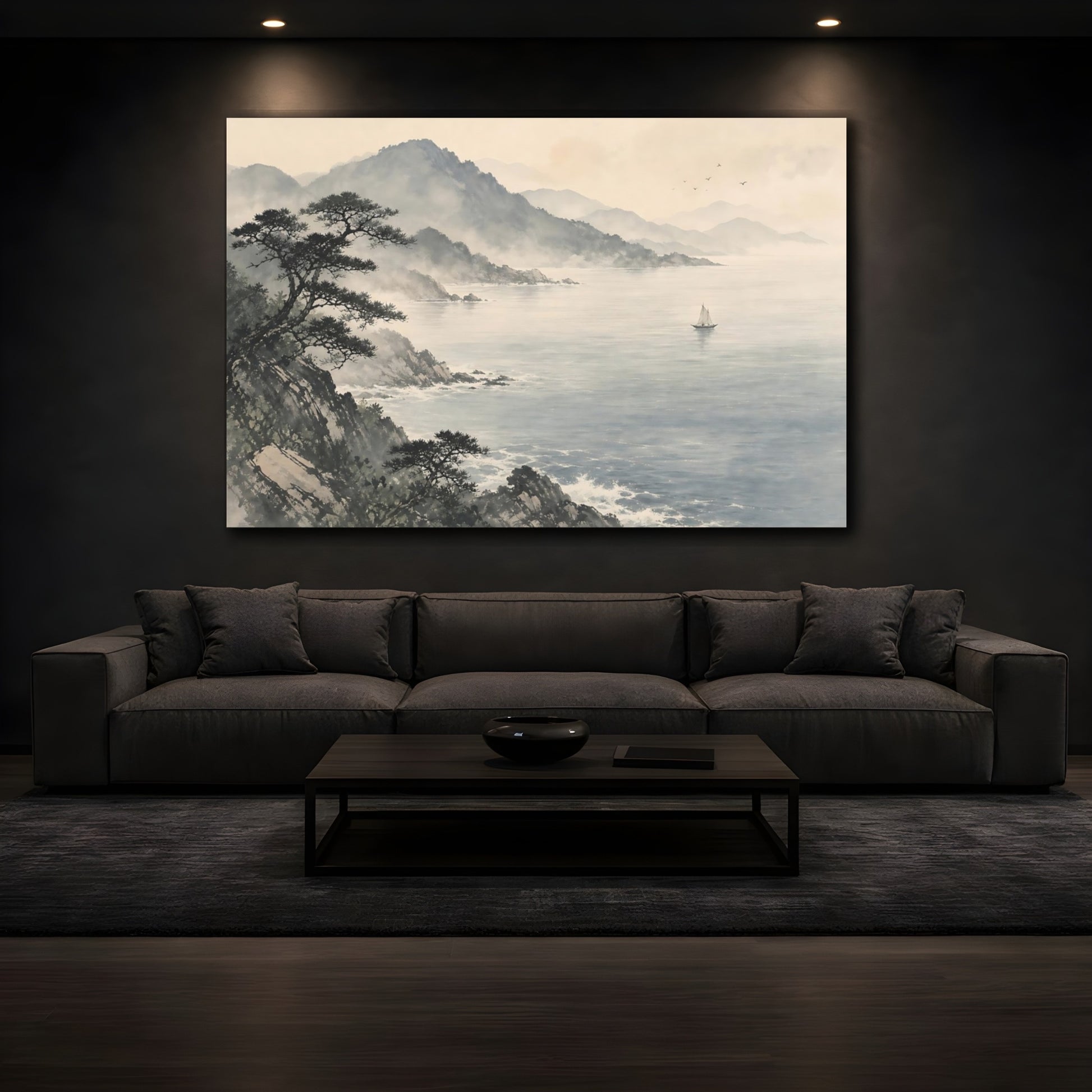 Mockup 3. Nature Coastal Landscape Misty Ocean Landscape shown as stretched canvas wall art
