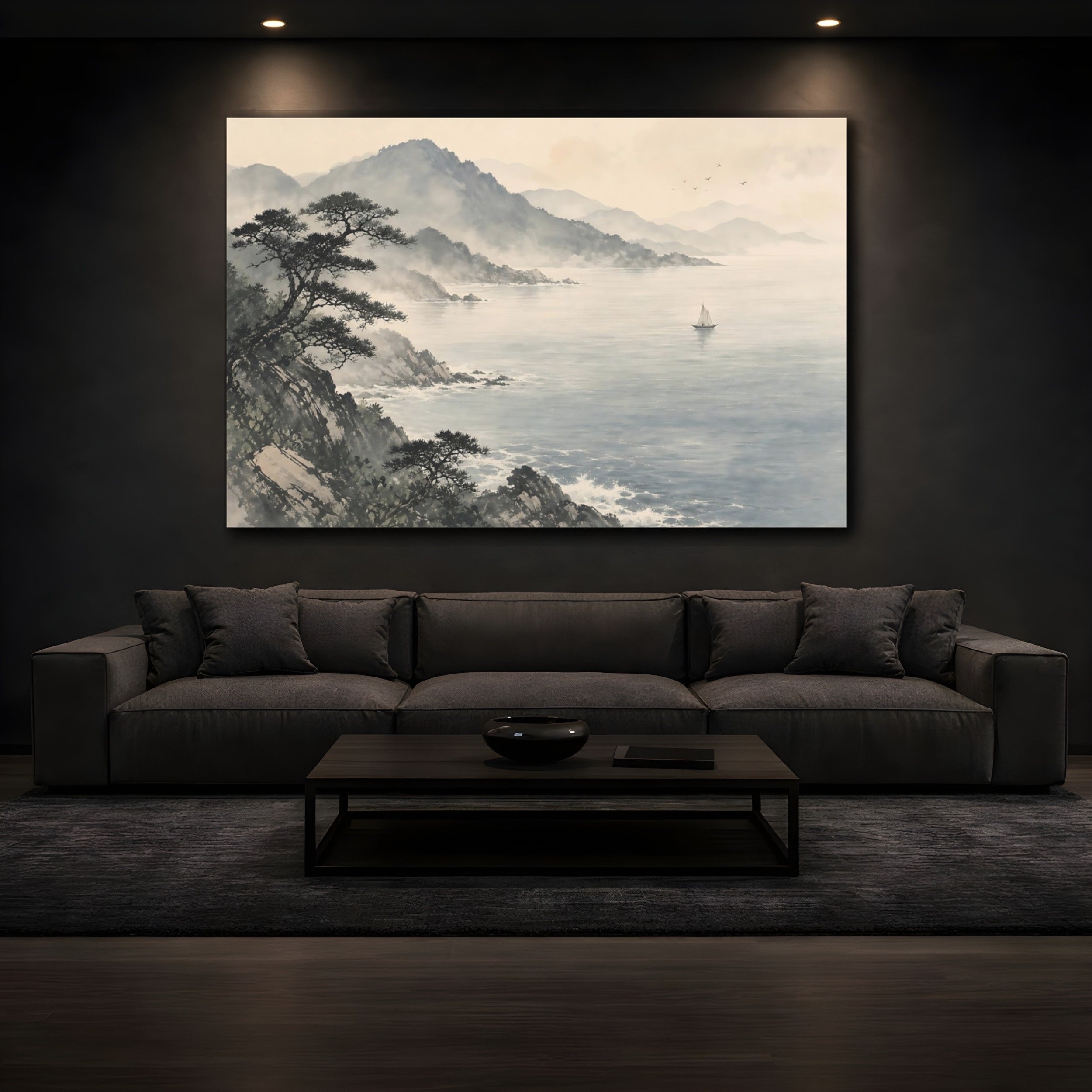 Mockup 3. Nature Coastal Landscape Misty Ocean Landscape shown as stretched canvas wall art