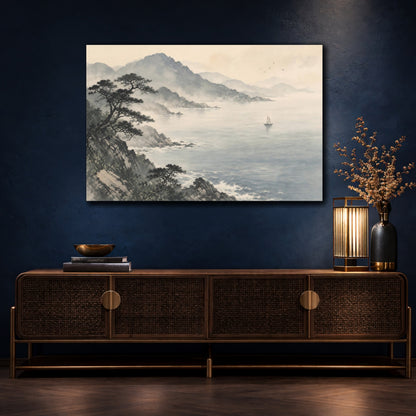 Mockup 4. Nature Coastal Landscape Misty Ocean Landscape shown as stretched canvas wall art