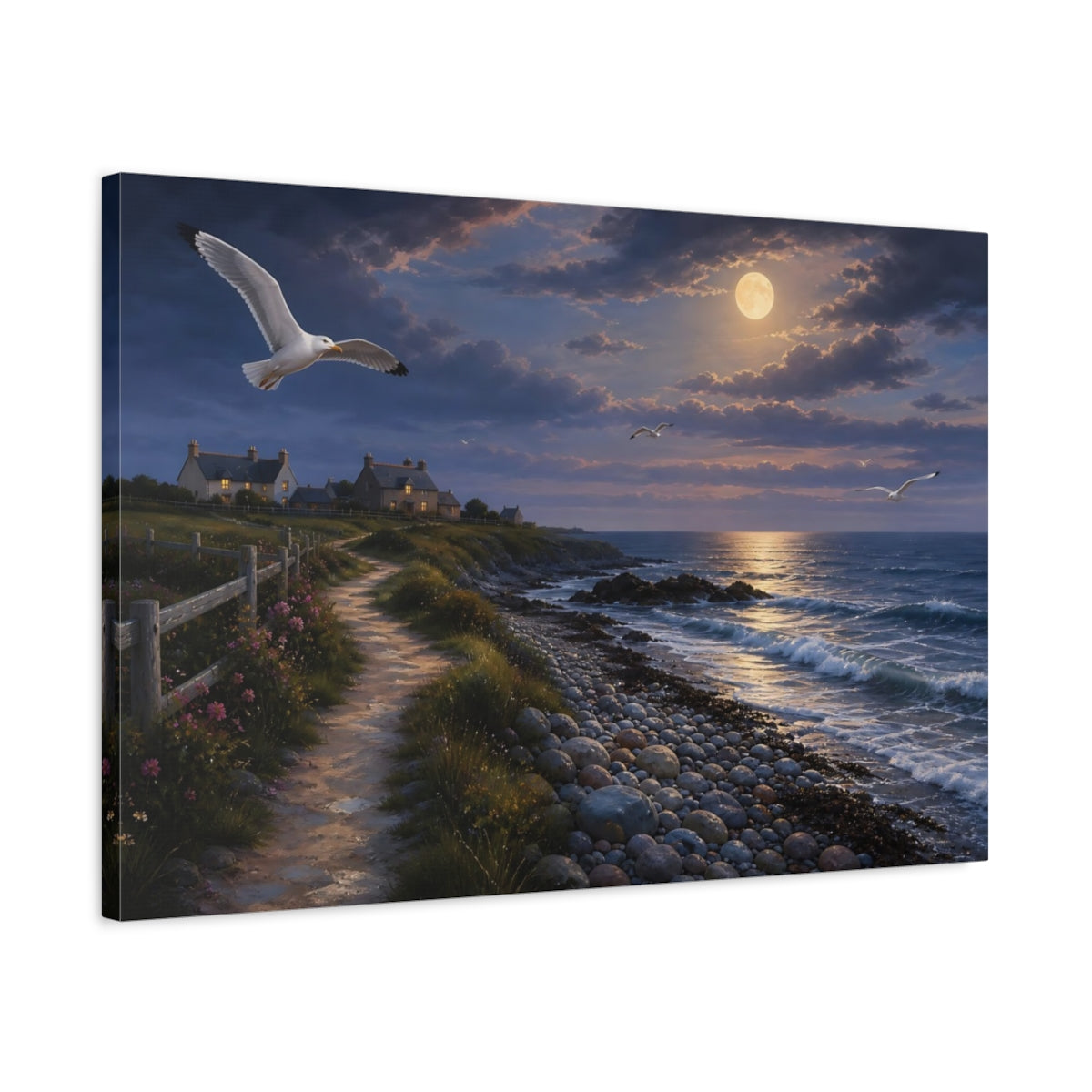 Side Mockup 2. Nature Coastal Landscape Moonlit Coast shown as stretched canvas wall art