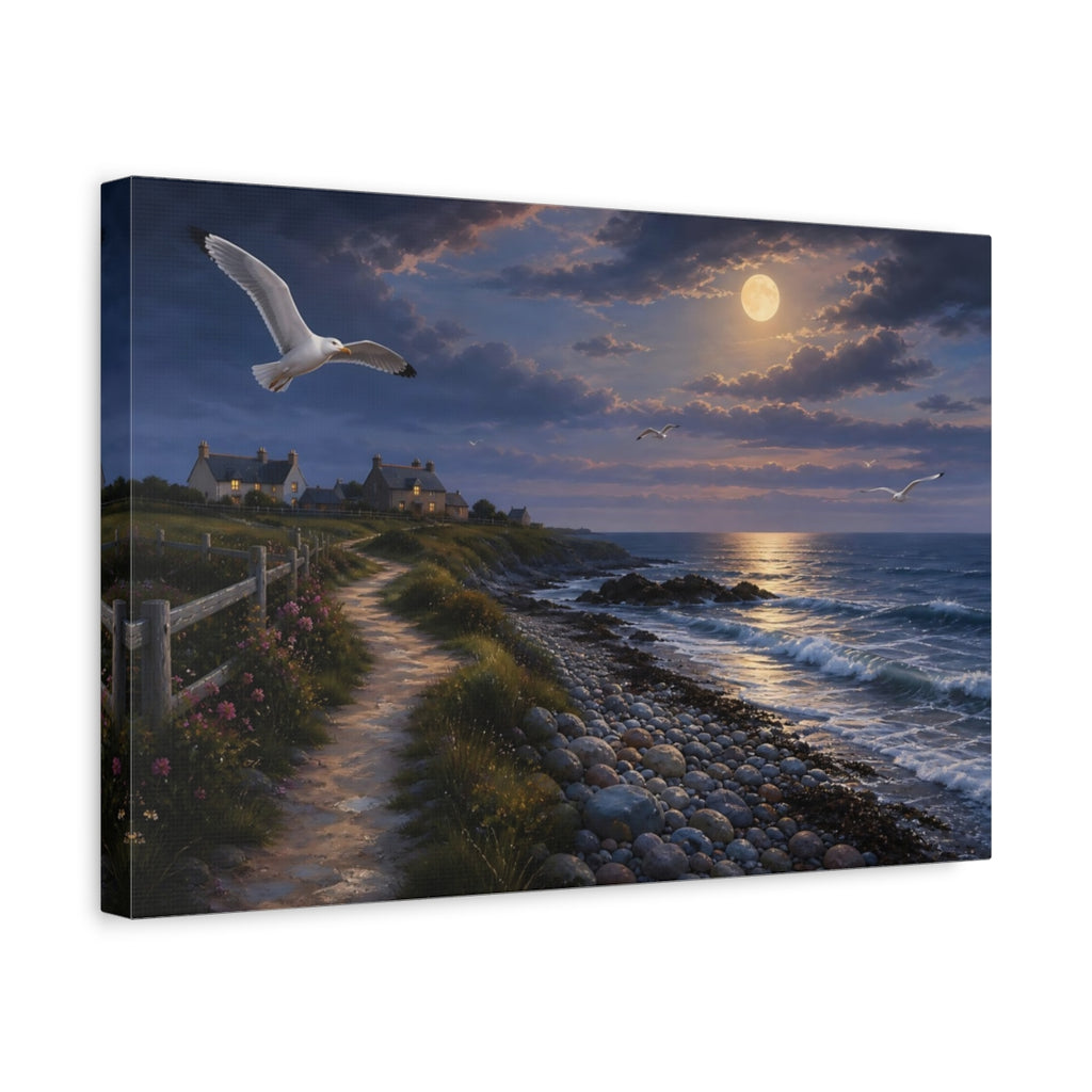 Side Mockup 4. Nature Coastal Landscape Moonlit Coast shown as stretched canvas wall art