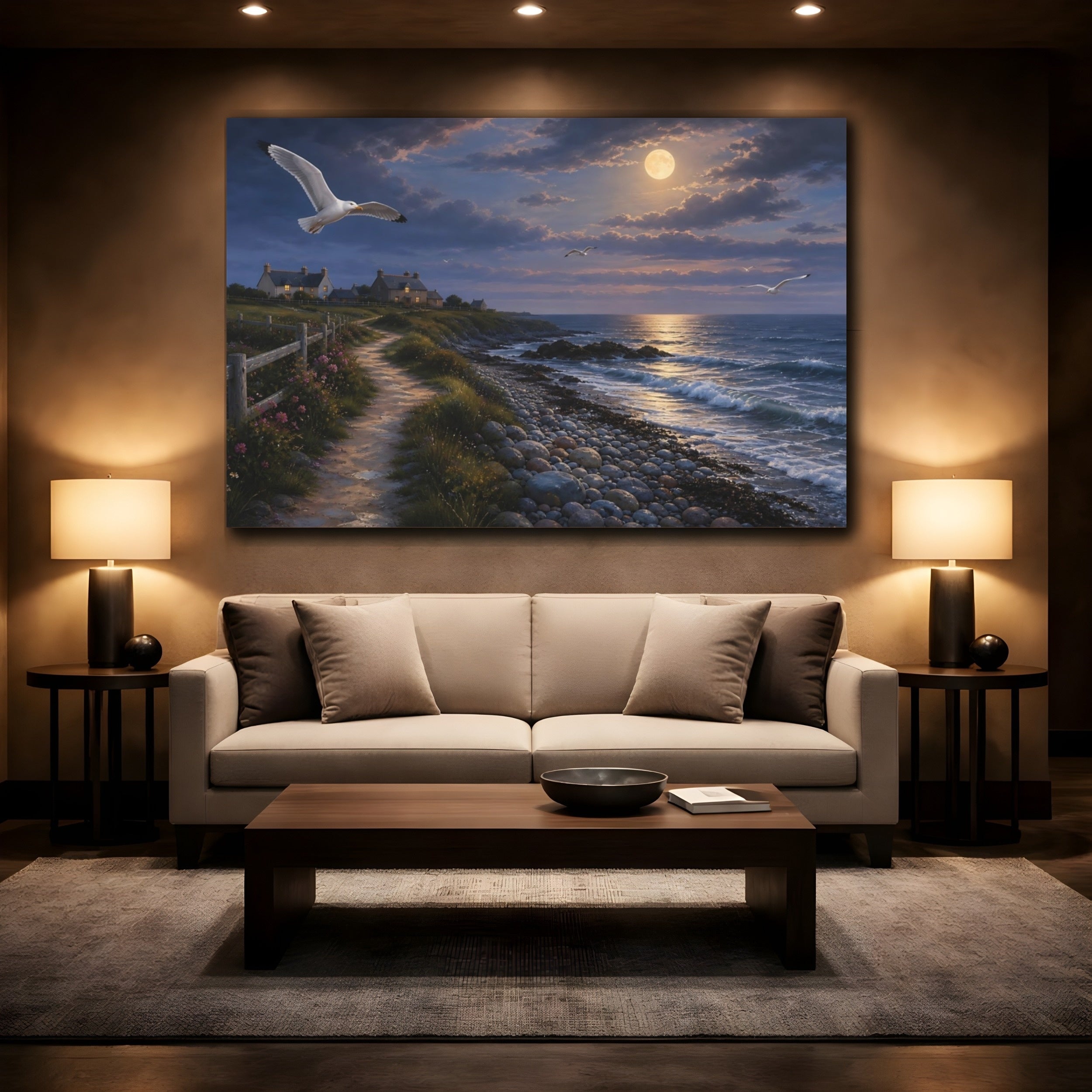 Mockup 2. Nature Coastal Landscape Moonlit Coast shown as stretched canvas wall art