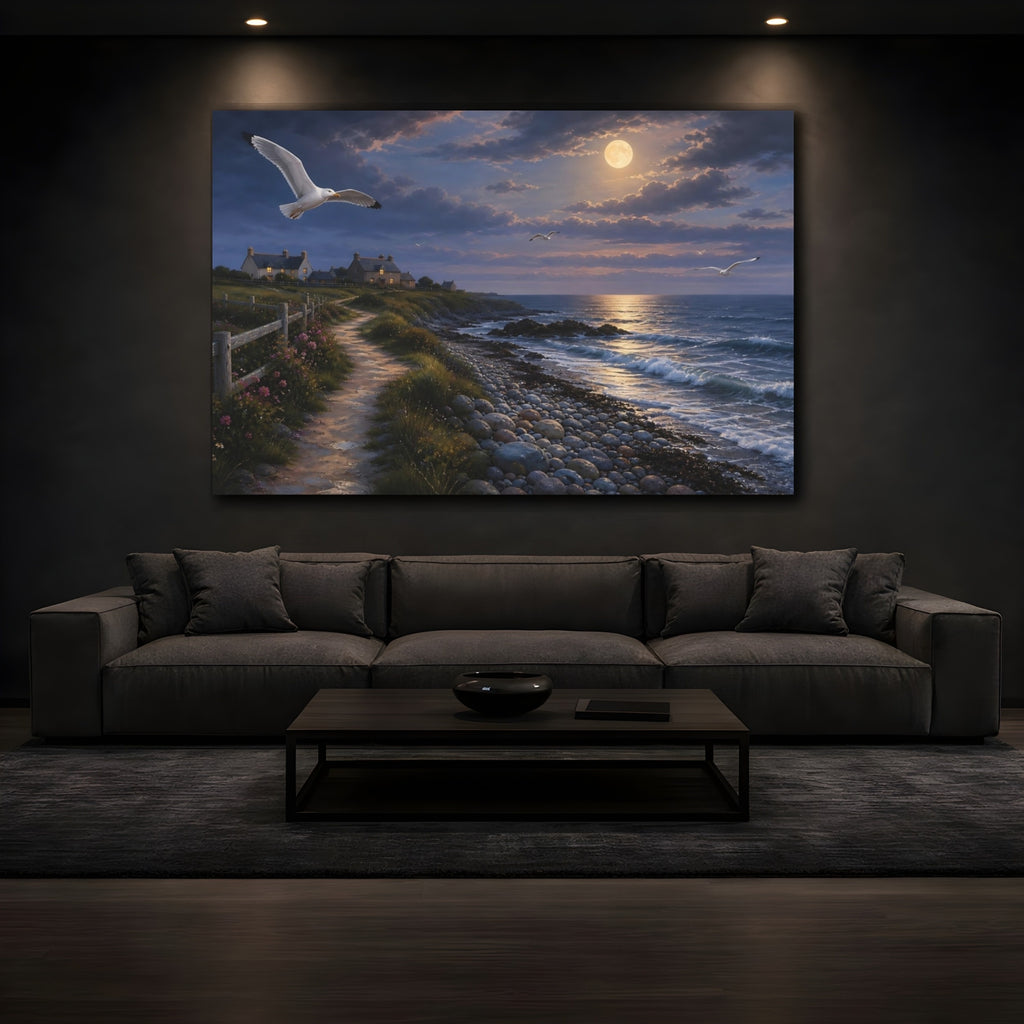 Mockup 3. Nature Coastal Landscape Moonlit Coast shown as stretched canvas wall art