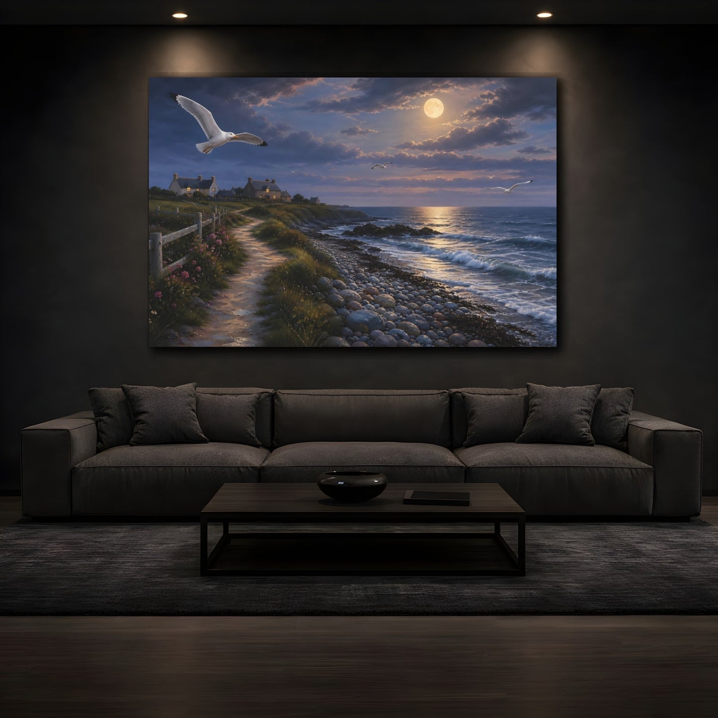 Mockup 3. Nature Coastal Landscape Moonlit Coast shown as stretched canvas wall art