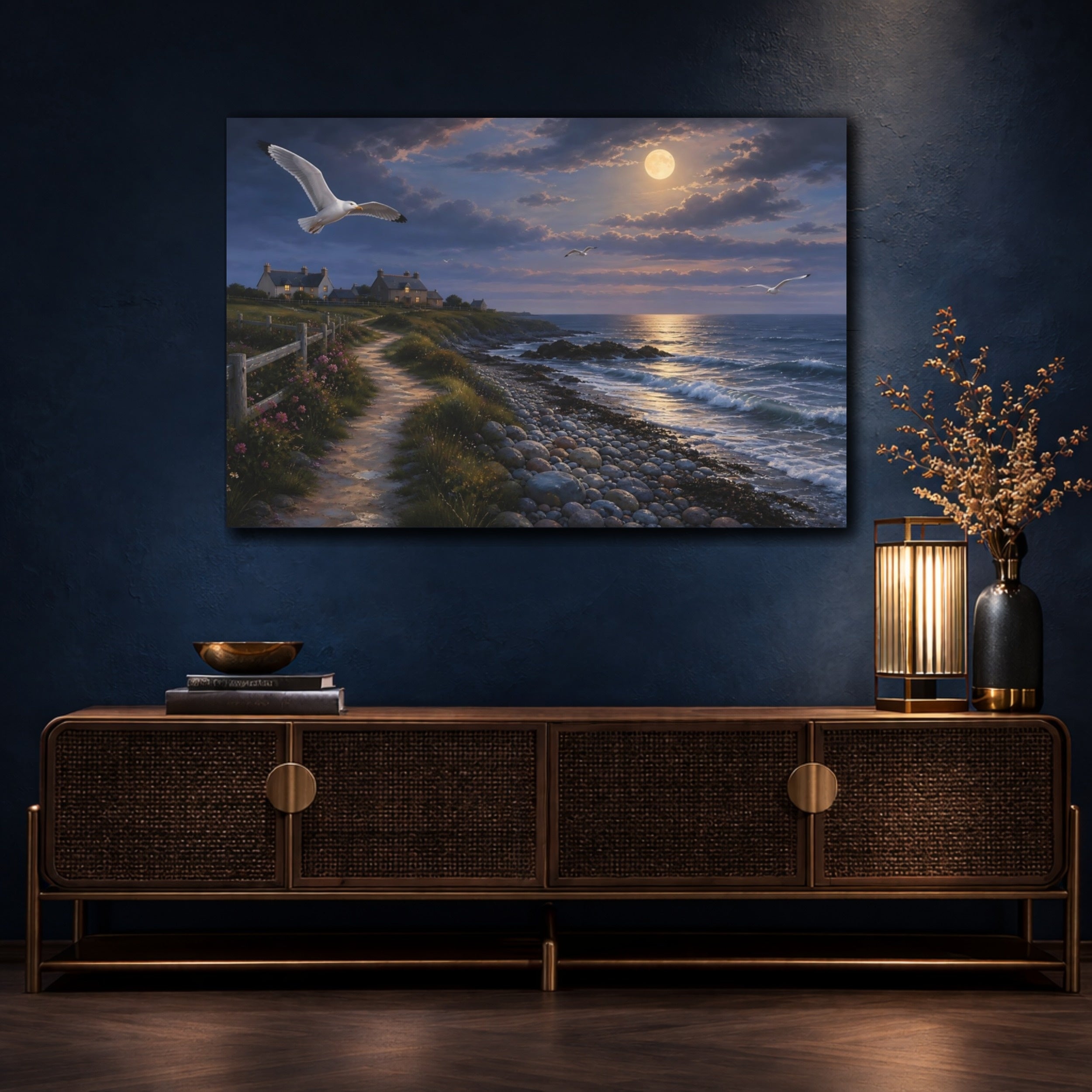 Mockup 4. Nature Coastal Landscape Moonlit Coast shown as stretched canvas wall art