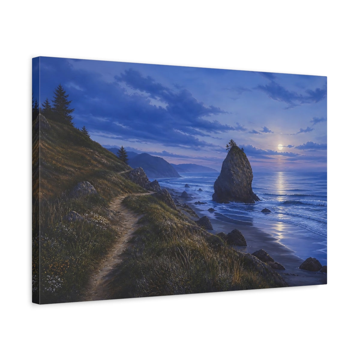 Side Mockup 3. Nature Coastal Landscape Moonlit Ocean Landscape shown as stretched canvas wall art