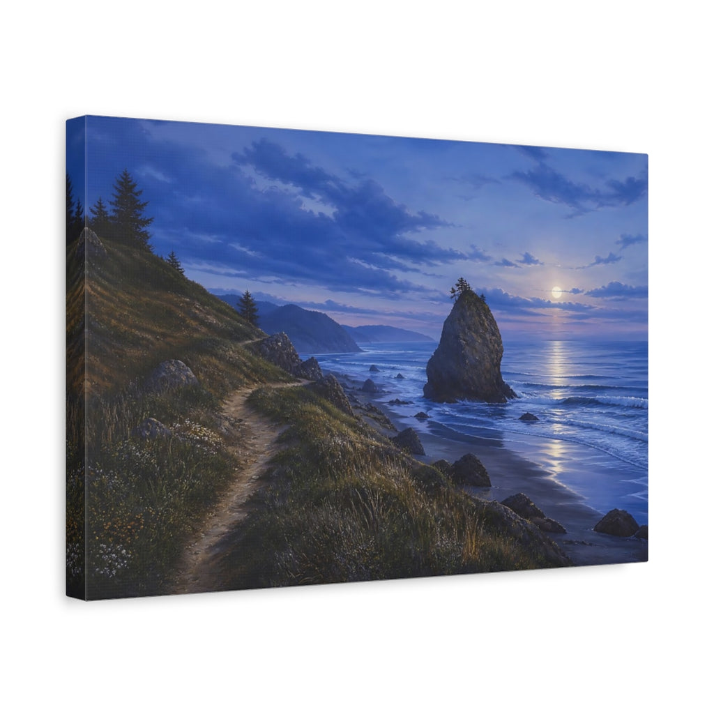 Side Mockup 4. Nature Coastal Landscape Moonlit Ocean Landscape shown as stretched canvas wall art