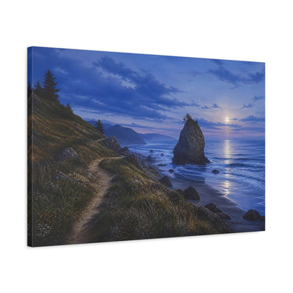 Side Mockup 2. Nature Coastal Landscape Moonlit Ocean Landscape shown as stretched canvas wall art