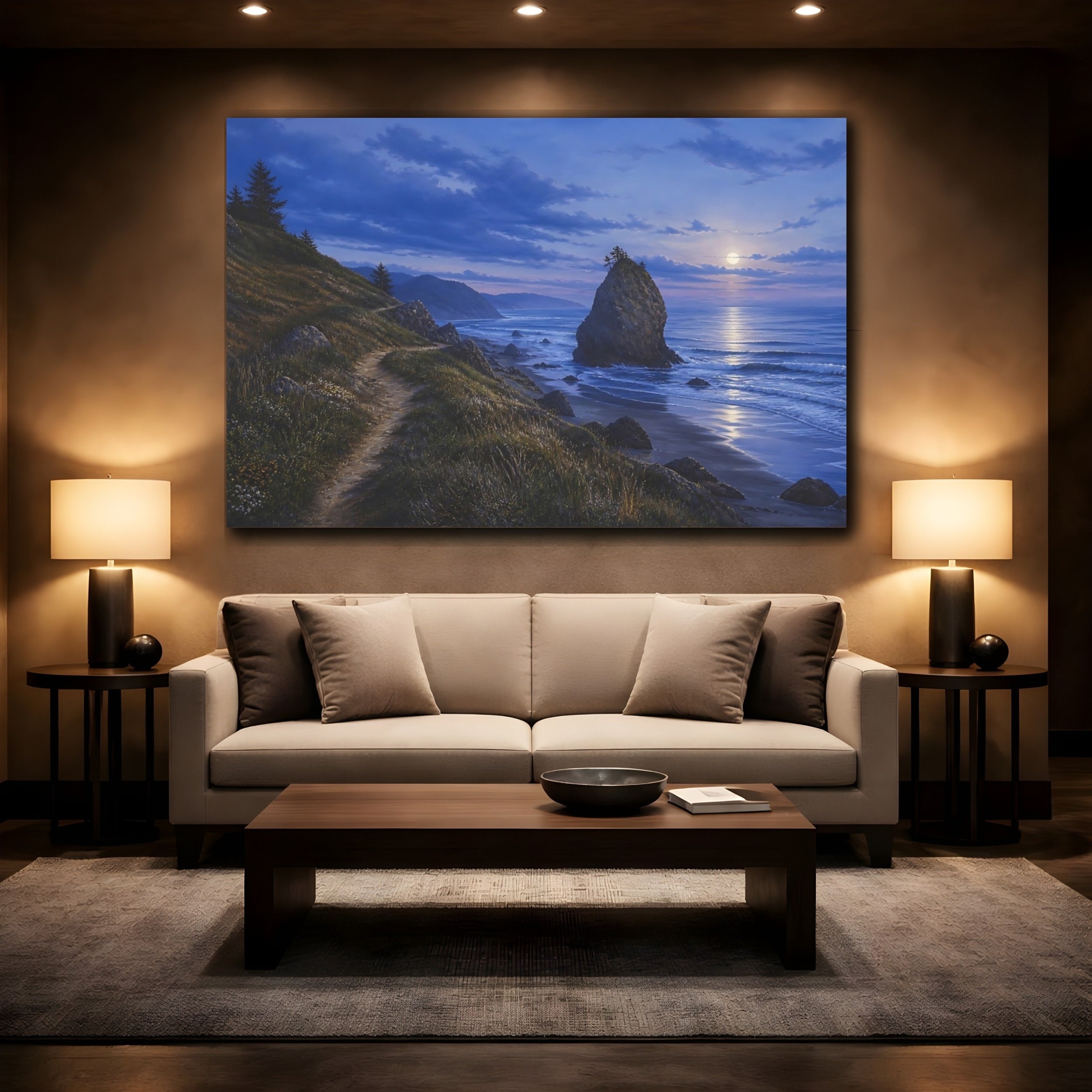 Mockup 2. Nature Coastal Landscape Moonlit Ocean Landscape shown as stretched canvas wall art