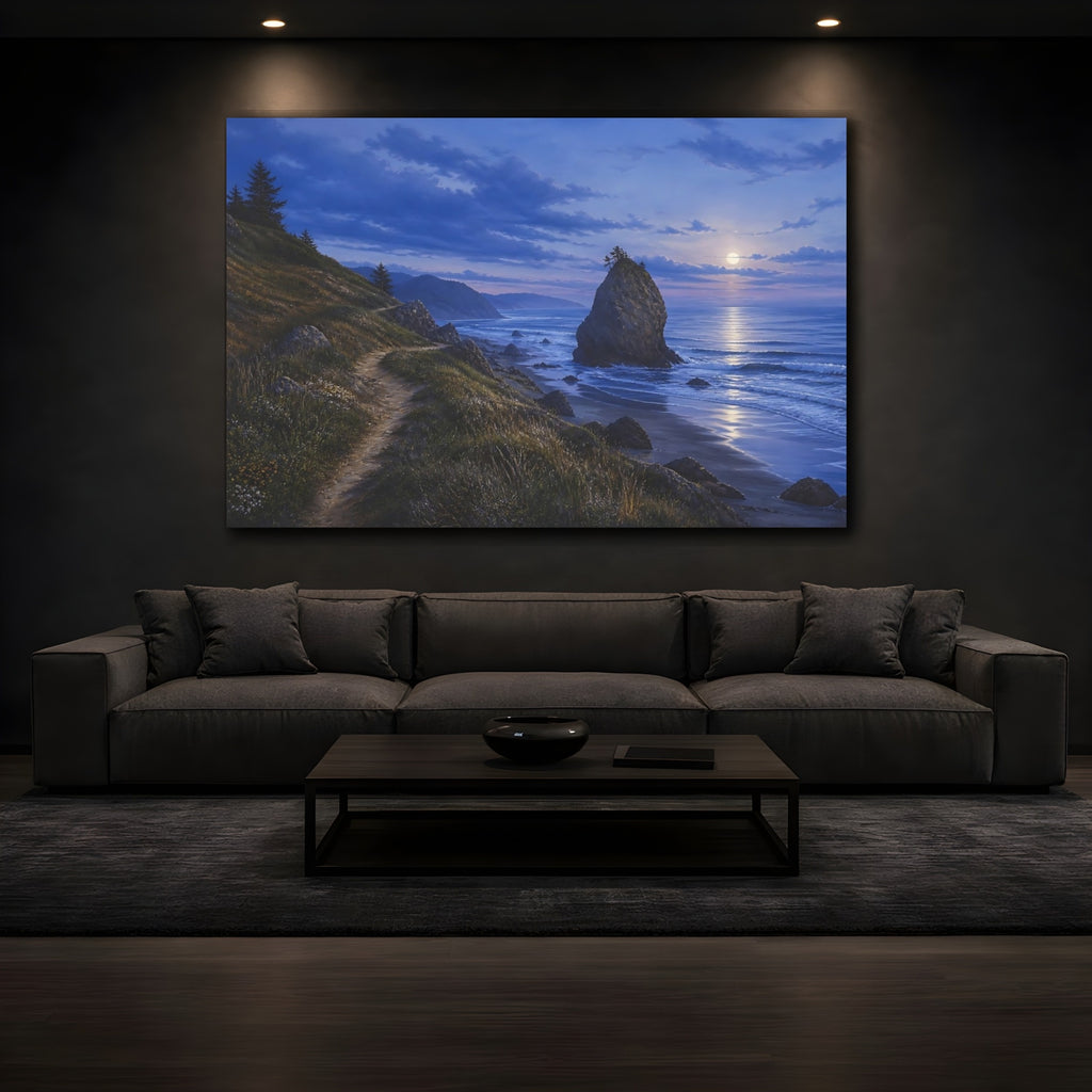 Mockup 3. Nature Coastal Landscape Moonlit Ocean Landscape shown as stretched canvas wall art