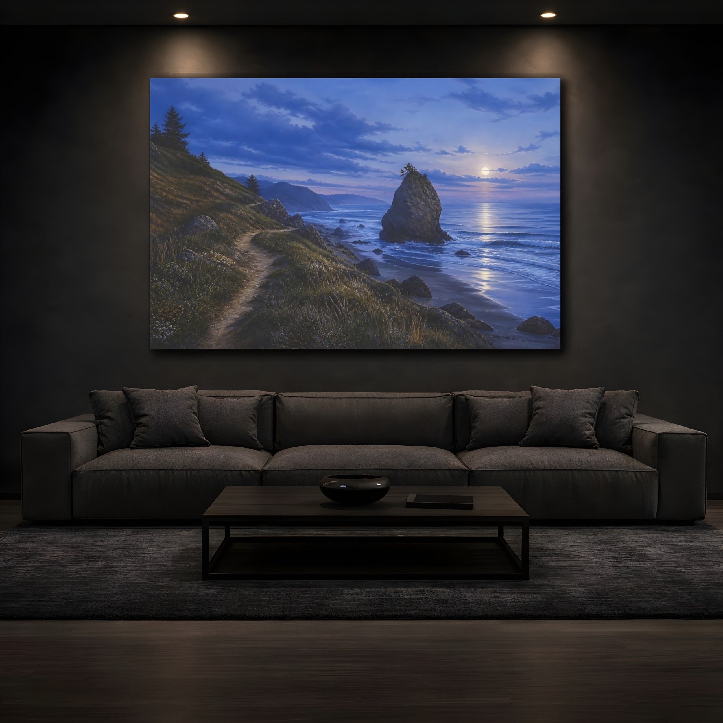 Mockup 3. Nature Coastal Landscape Moonlit Ocean Landscape shown as stretched canvas wall art