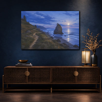 Mockup 4. Nature Coastal Landscape Moonlit Ocean Landscape shown as stretched canvas wall art