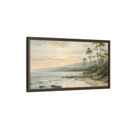 Main Mockup. Nature Coastal Landscape Muted Coastal Sunset shown as stretched canvas wall art
