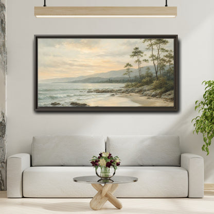 Mockup 2. Nature Coastal Landscape Muted Coastal Sunset shown as stretched canvas wall art