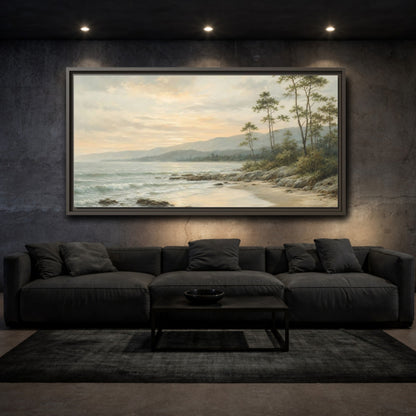 Mockup 3. Nature Coastal Landscape Muted Coastal Sunset shown as stretched canvas wall art