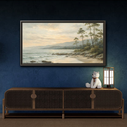 Mockup 4. Nature Coastal Landscape Muted Coastal Sunset shown as stretched canvas wall art