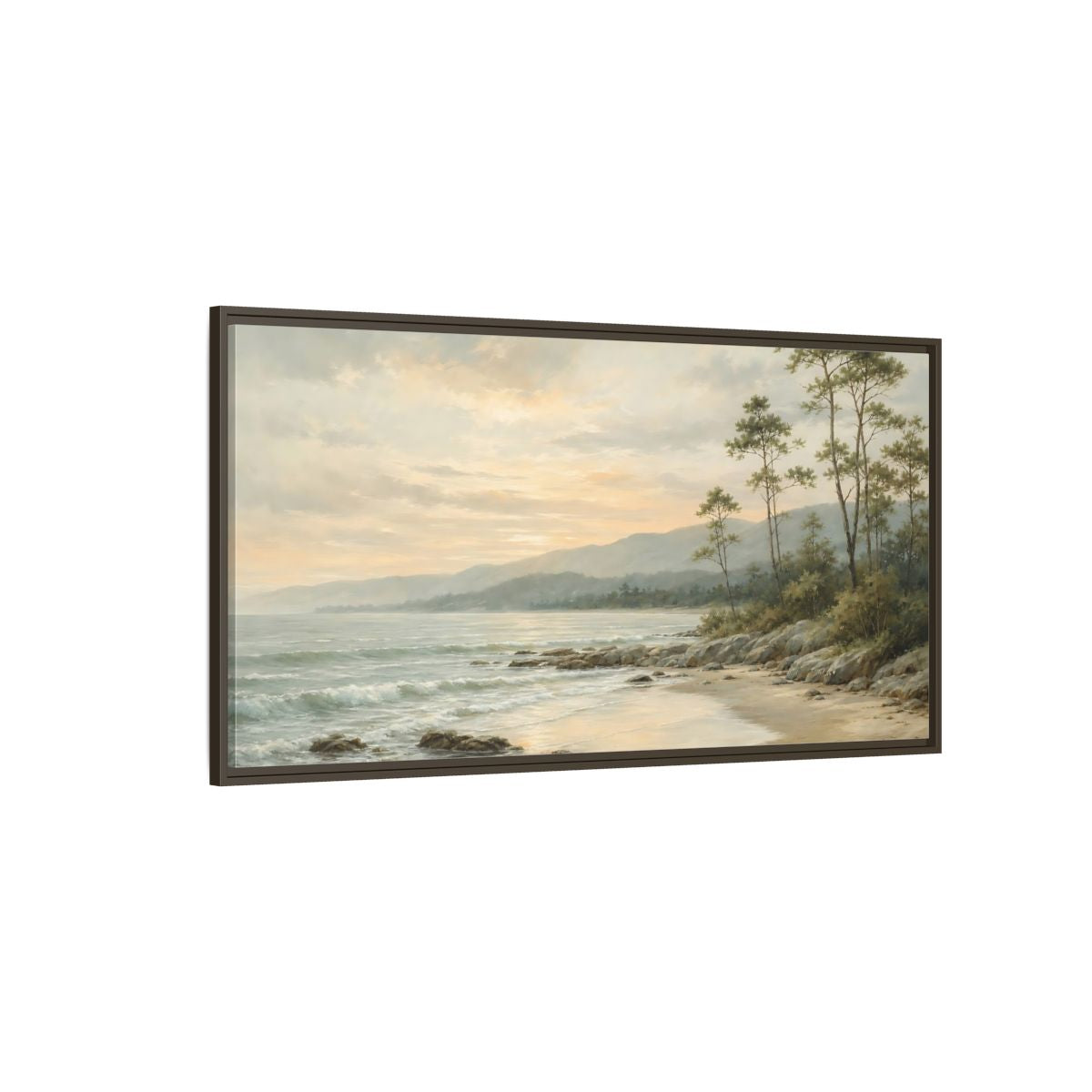 Side Mockup 4. Nature Coastal Landscape Muted Coastal Sunset shown as stretched canvas wall art