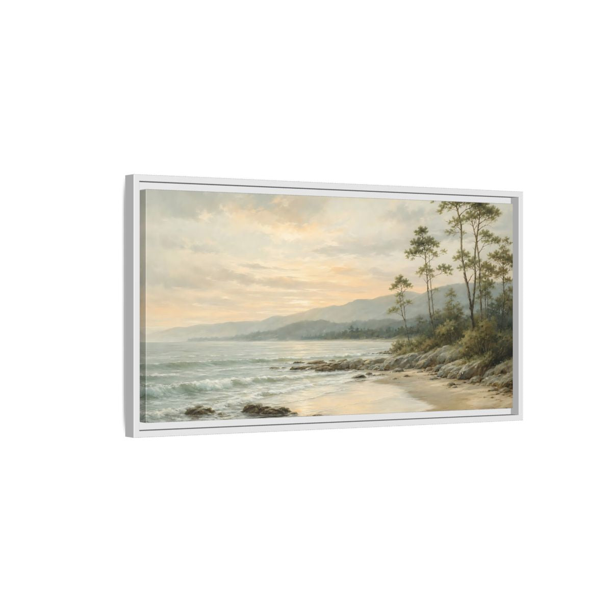 Side Mockup 1. Nature Coastal Landscape Muted Coastal Sunset shown as stretched canvas wall art