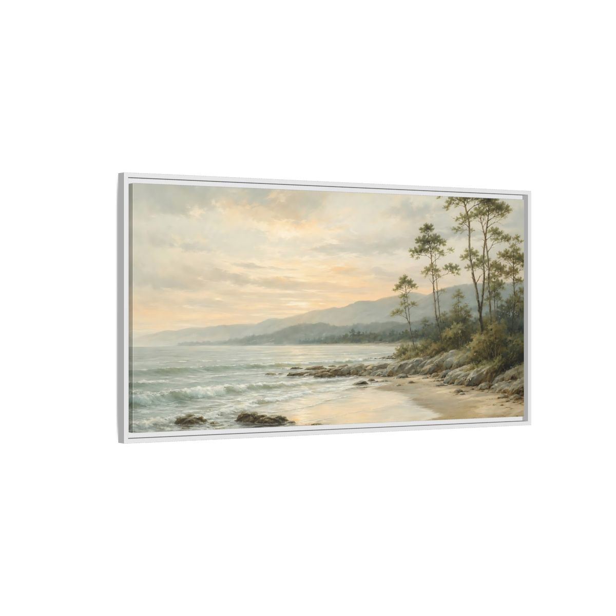 Side Mockup 3. Nature Coastal Landscape Muted Coastal Sunset shown as stretched canvas wall art