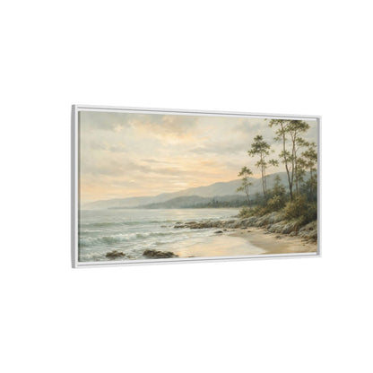 Side Mockup 3. Nature Coastal Landscape Muted Coastal Sunset shown as stretched canvas wall art