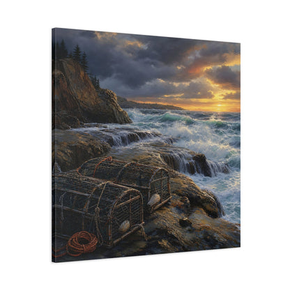 Main Mockup. Nature Coastal Landscape Ocean Sunset shown as stretched canvas wall art