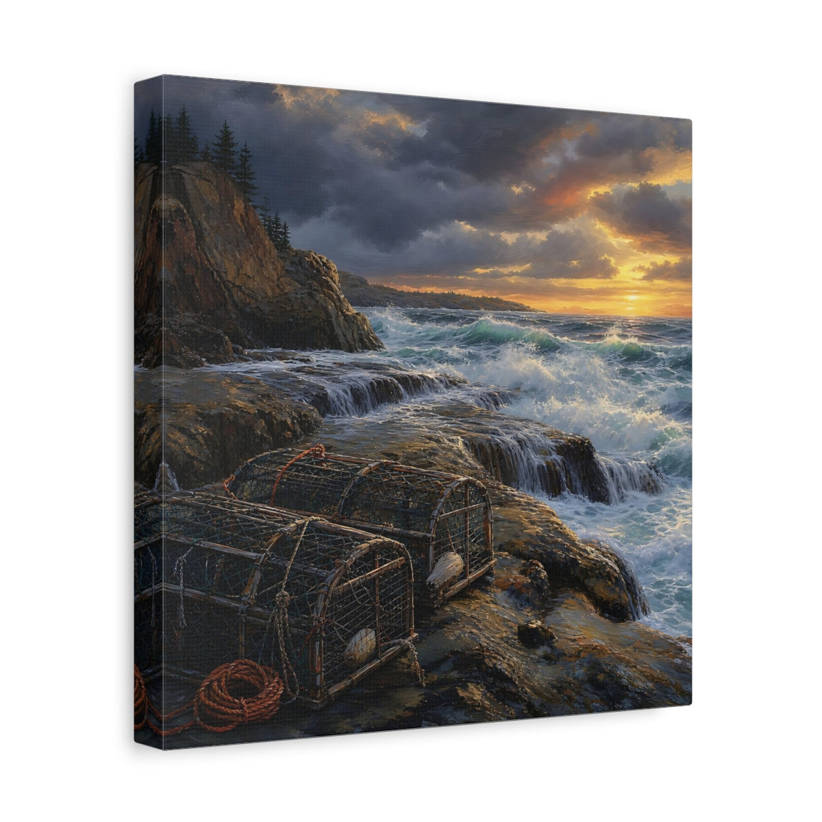 Side Mockup 8. Nature Coastal Landscape Ocean Sunset shown as stretched canvas wall art