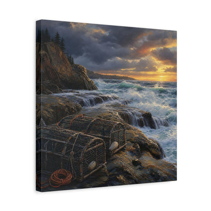 Side Mockup 6. Nature Coastal Landscape Ocean Sunset shown as stretched canvas wall art
