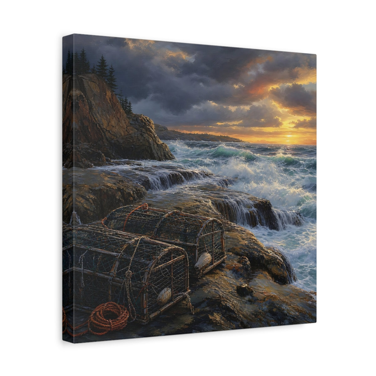 Side Mockup 7. Nature Coastal Landscape Ocean Sunset shown as stretched canvas wall art