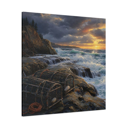 Side Mockup 1. Nature Coastal Landscape Ocean Sunset shown as stretched canvas wall art