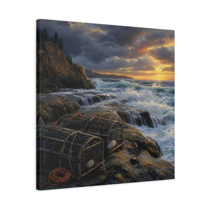 Side Mockup 4. Nature Coastal Landscape Ocean Sunset shown as stretched canvas wall art