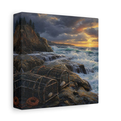 Side Mockup 2. Nature Coastal Landscape Ocean Sunset shown as stretched canvas wall art