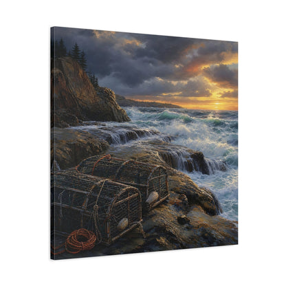 Side Mockup 3. Nature Coastal Landscape Ocean Sunset shown as stretched canvas wall art