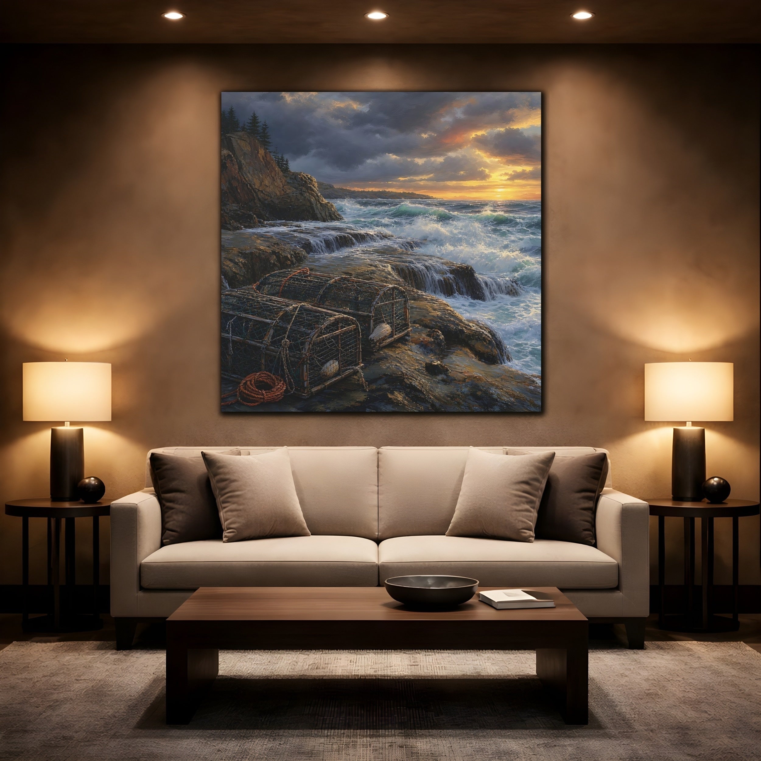 Mockup 2. Nature Coastal Landscape Ocean Sunset shown as stretched canvas wall art