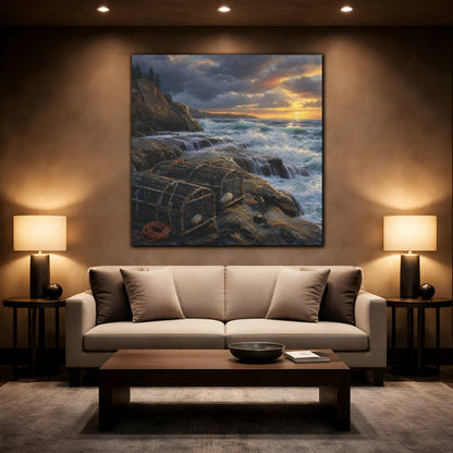 Mockup 2. Nature Coastal Landscape Ocean Sunset shown as stretched canvas wall art