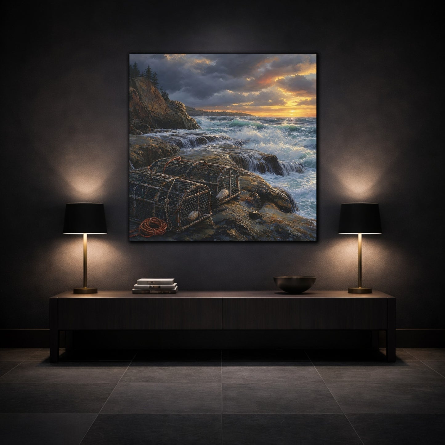 Mockup 3. Nature Coastal Landscape Ocean Sunset shown as stretched canvas wall art