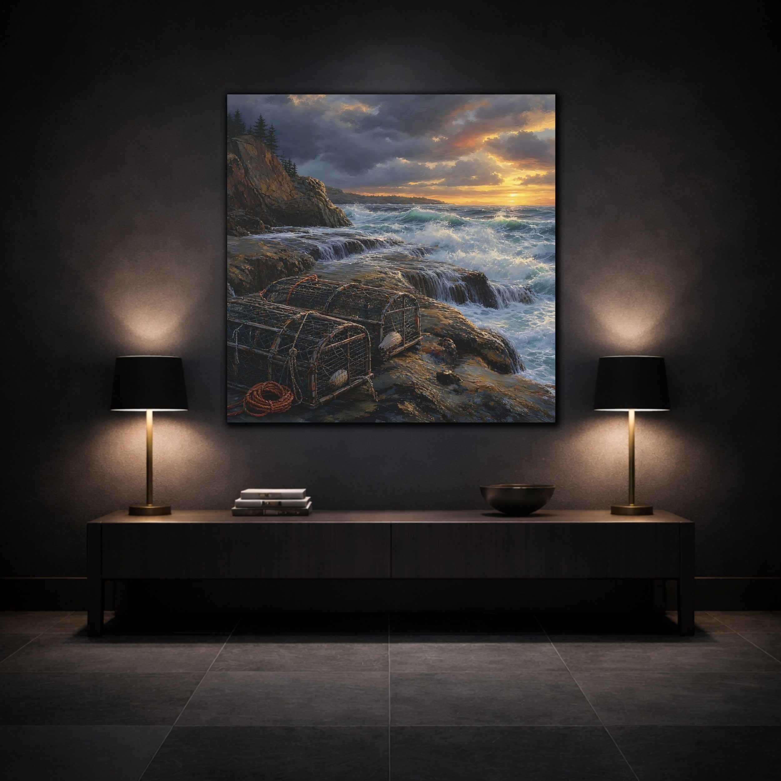 Mockup 3. Nature Coastal Landscape Ocean Sunset shown as stretched canvas wall art