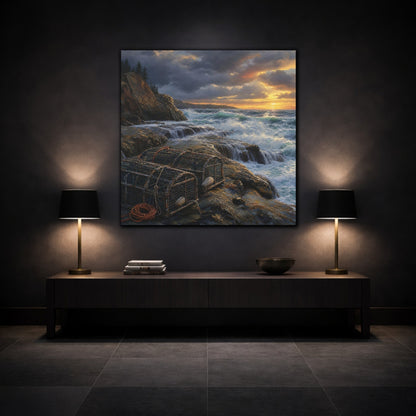 Mockup 3. Nature Coastal Landscape Ocean Sunset shown as stretched canvas wall art