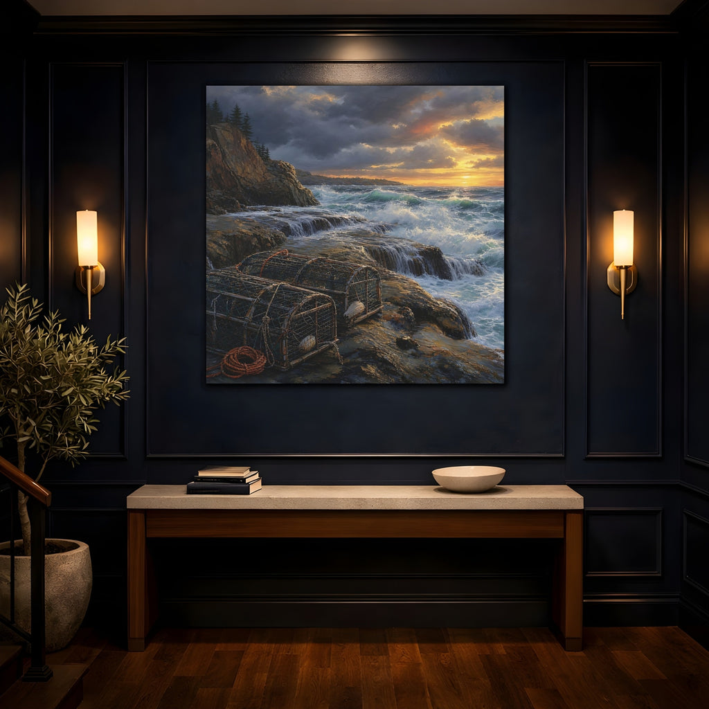 Mockup 4. Nature Coastal Landscape Ocean Sunset shown as stretched canvas wall art