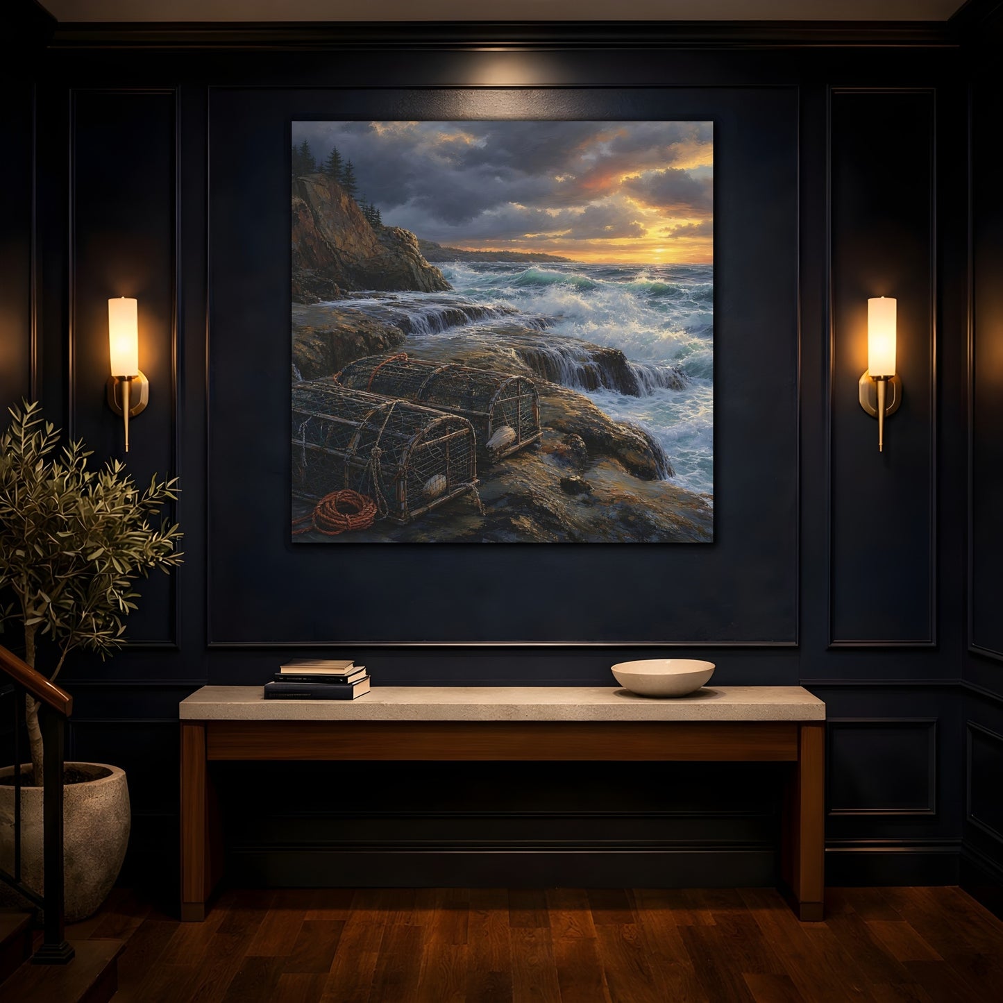 Mockup 4. Nature Coastal Landscape Ocean Sunset shown as stretched canvas wall art